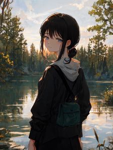 Preview wallpaper girl, backpack, pond, trees, anime