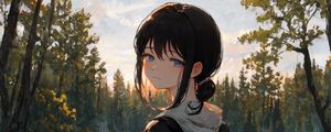 Preview wallpaper girl, backpack, pond, trees, anime