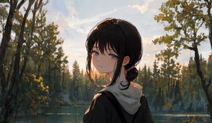 Preview wallpaper girl, backpack, pond, trees, anime