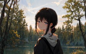 Preview wallpaper girl, backpack, pond, trees, anime