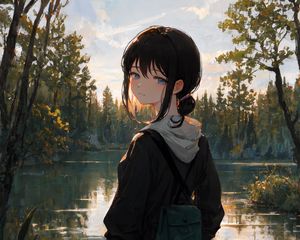 Preview wallpaper girl, backpack, pond, trees, anime