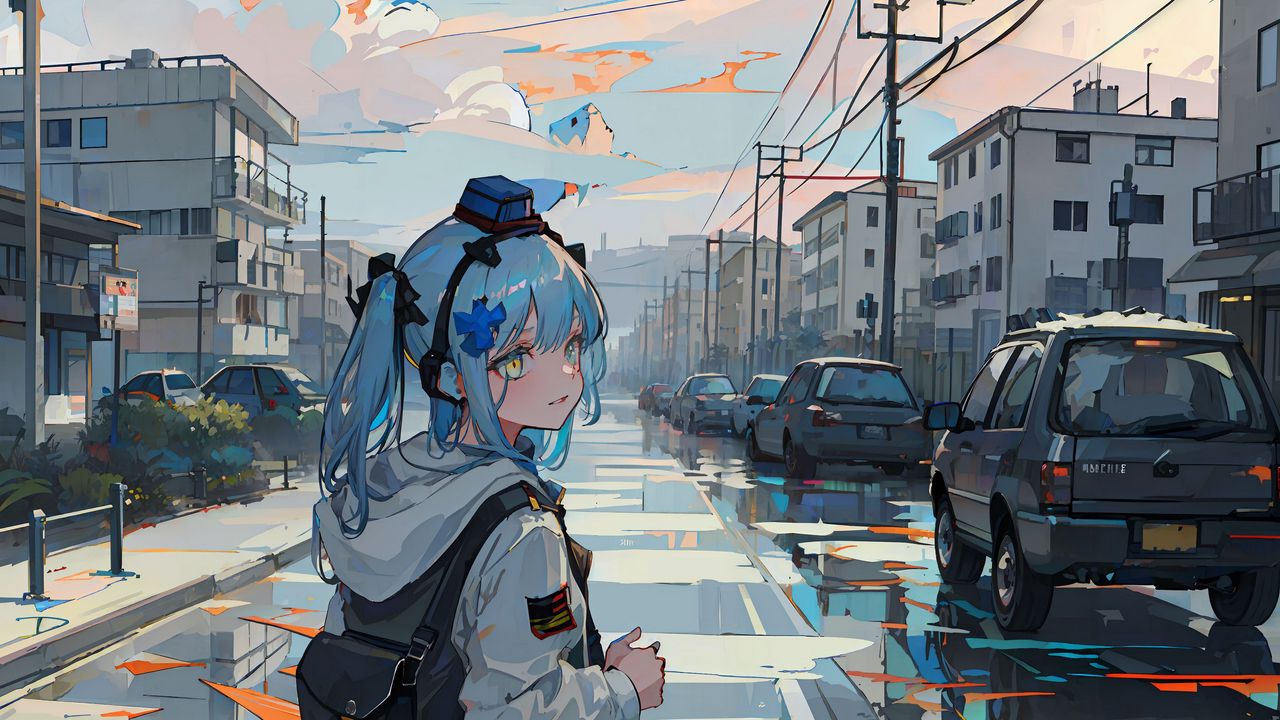 Wallpaper girl, backpack, road, anime, art