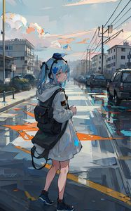 Preview wallpaper girl, backpack, road, anime, art