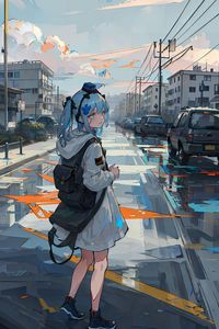 Preview wallpaper girl, backpack, road, anime, art