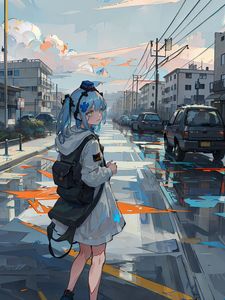 Preview wallpaper girl, backpack, road, anime, art