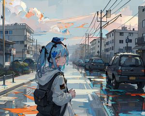 Preview wallpaper girl, backpack, road, anime, art