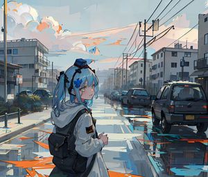 Preview wallpaper girl, backpack, road, anime, art