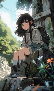 Preview wallpaper girl, backpack, stone, anime