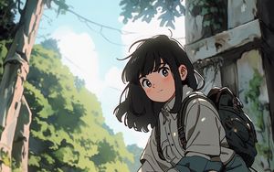 Preview wallpaper girl, backpack, stone, anime