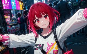 Preview wallpaper girl, bag, belt, street, crowd, anime