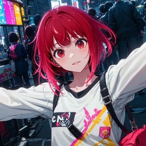 Preview wallpaper girl, bag, belt, street, crowd, anime