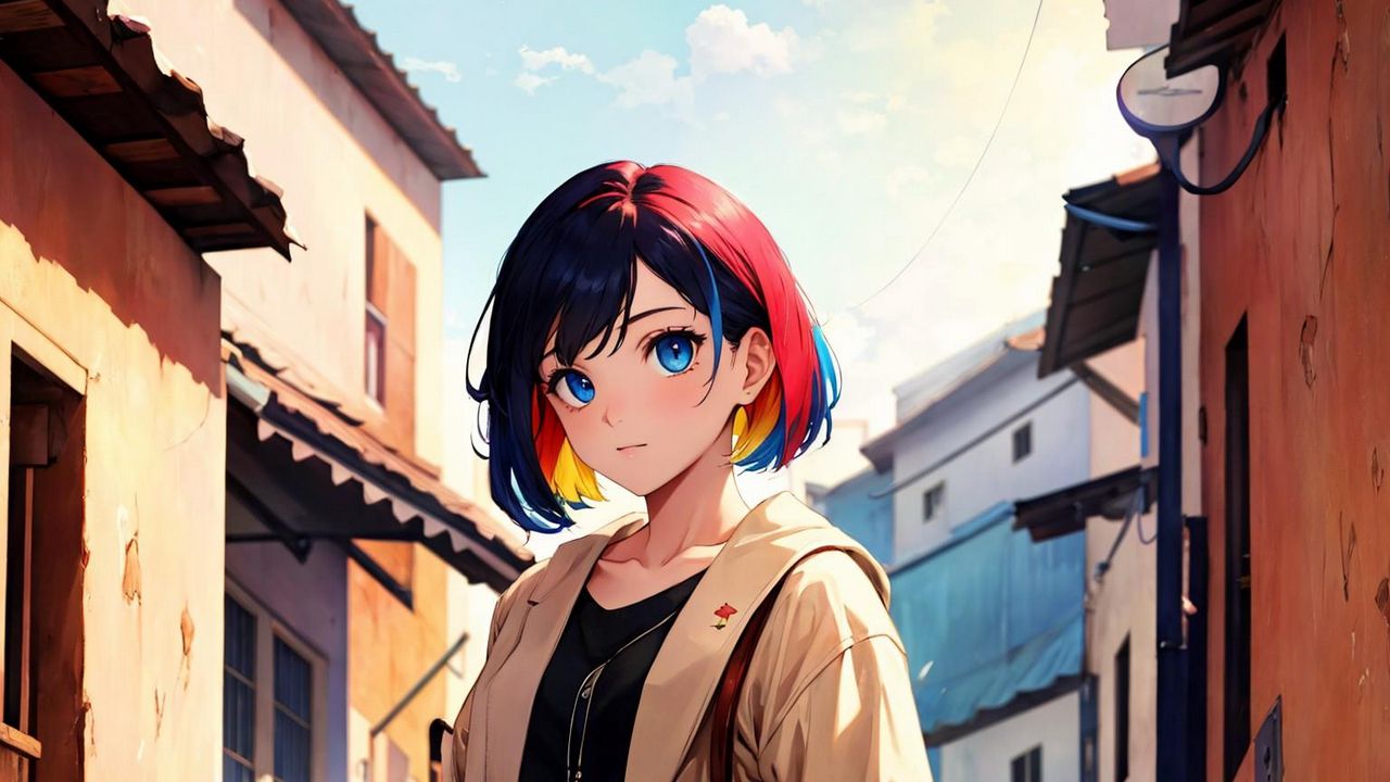 Wallpaper girl, bag, buildings, street, anime, art