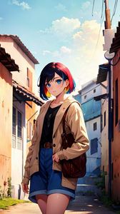 Preview wallpaper girl, bag, buildings, street, anime, art