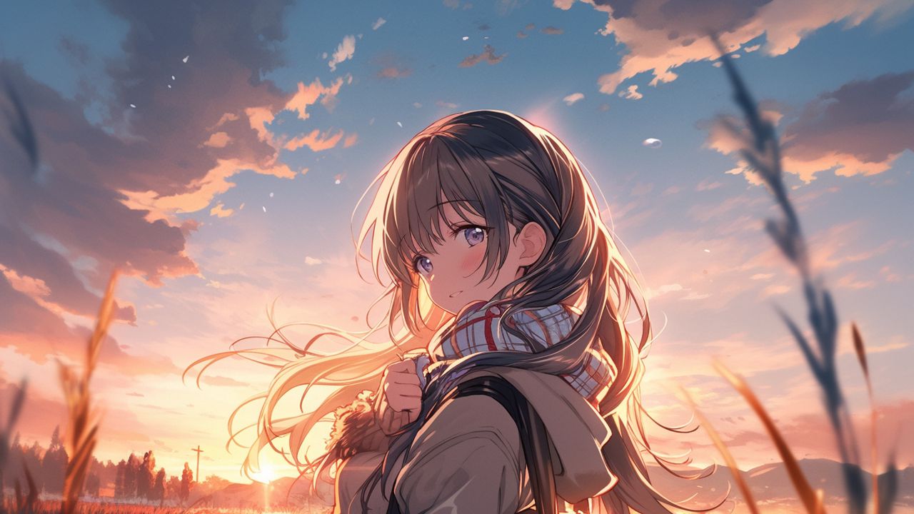 Wallpaper girl, bag, field, sunset, anime