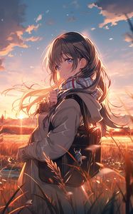 Preview wallpaper girl, bag, field, sunset, anime