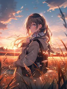 Preview wallpaper girl, bag, field, sunset, anime