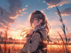 Preview wallpaper girl, bag, field, sunset, anime