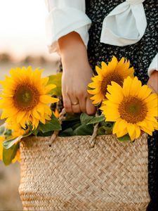 Preview wallpaper girl, bag, sunflowers, hands, flowers