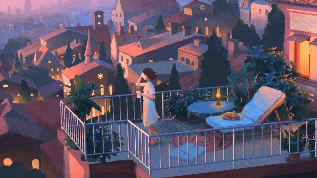 Wallpaper girl, balcony, art, solitude, city, evening