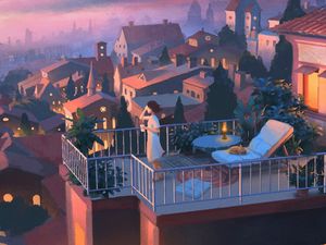 Preview wallpaper girl, balcony, art, solitude, city, evening