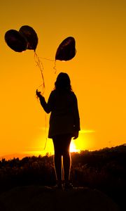 Preview wallpaper girl, balloons, silhouettes, sunset