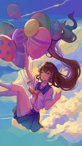 Preview wallpaper girl, balls, sky, clouds, anime, art, cartoon