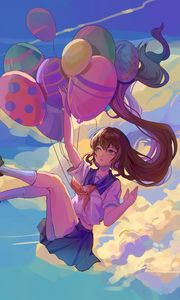 Preview wallpaper girl, balls, sky, clouds, anime, art, cartoon