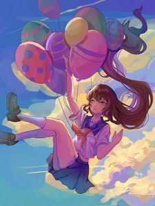 Preview wallpaper girl, balls, sky, clouds, anime, art, cartoon