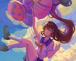 Preview wallpaper girl, balls, sky, clouds, anime, art, cartoon