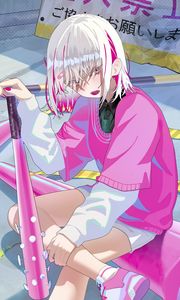 Preview wallpaper girl, baseball bat, pink, rebellious, short hair, style