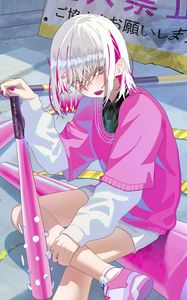 Preview wallpaper girl, baseball bat, pink, rebellious, short hair, style