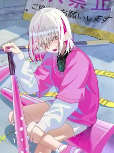 Preview wallpaper girl, baseball bat, pink, rebellious, short hair, style