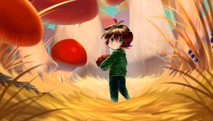 Preview wallpaper girl, basket, mushrooms, anime, art