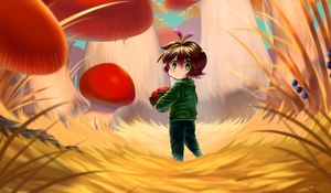 Preview wallpaper girl, basket, mushrooms, anime, art