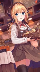 Preview wallpaper girl, basket, pastries, anime, art