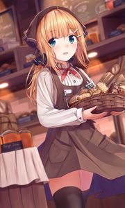 Preview wallpaper girl, basket, pastries, anime, art