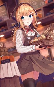 Preview wallpaper girl, basket, pastries, anime, art