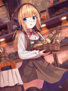 Preview wallpaper girl, basket, pastries, anime, art