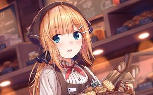 Preview wallpaper girl, basket, pastries, anime, art