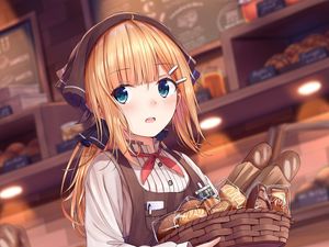 Preview wallpaper girl, basket, pastries, anime, art