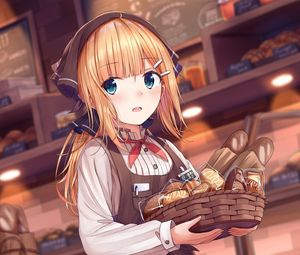 Preview wallpaper girl, basket, pastries, anime, art