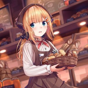 Preview wallpaper girl, basket, pastries, anime, art