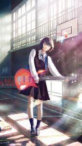 Preview wallpaper girl, bass guitar, guitar, smile, anime