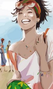 Preview wallpaper girl, beach, vacation, palm, smile, paint, drawing