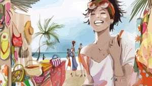 Preview wallpaper girl, beach, vacation, palm, smile, paint, drawing