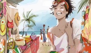 Preview wallpaper girl, beach, vacation, palm, smile, paint, drawing