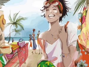 Preview wallpaper girl, beach, vacation, palm, smile, paint, drawing