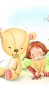 Preview wallpaper girl, bear, flower