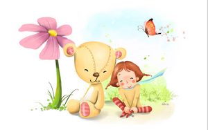 Preview wallpaper girl, bear, flower