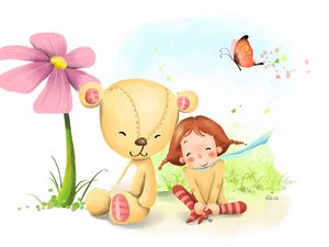 Preview wallpaper girl, bear, flower